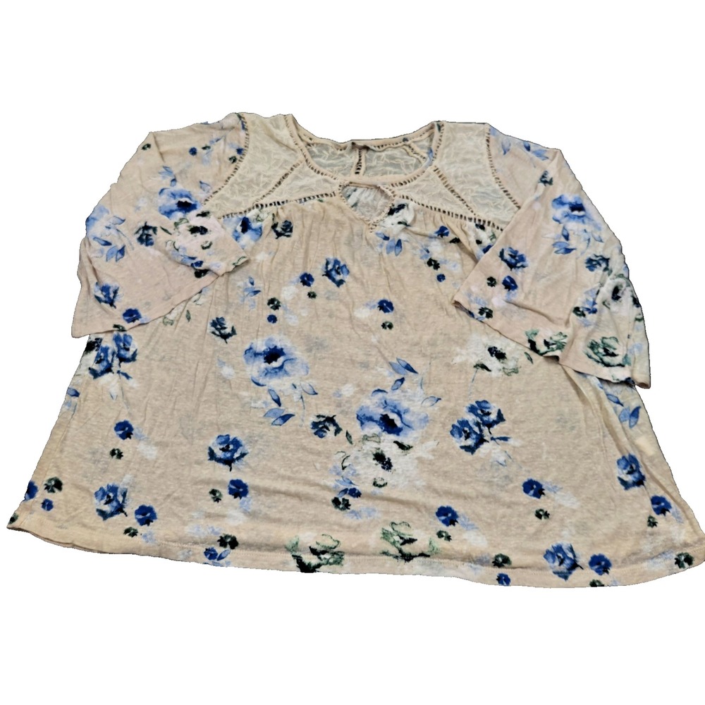 Lucky Brand Women 2X Beige Blue Floral Lace Yoke Keyhole Boho Blouse Top